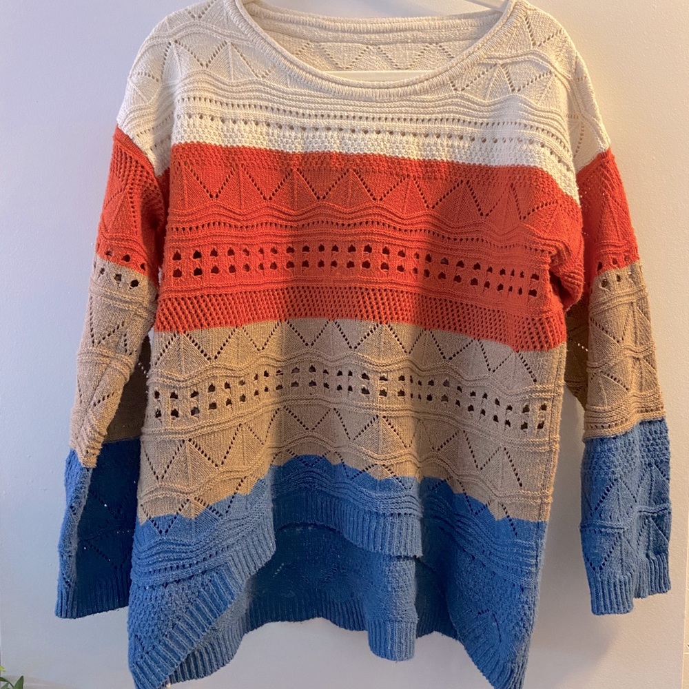 Color block knit baggy fall sweater - Medium, cream, orange, brown, and blue